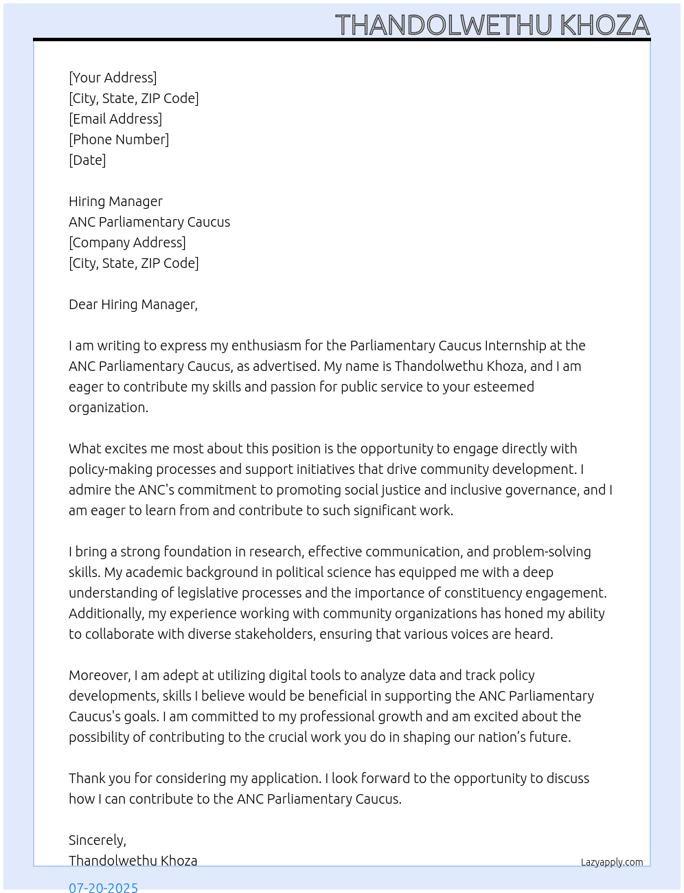 Parliamentary Caucus Internship At ANC Parliamentary Caucus  Cover Letter