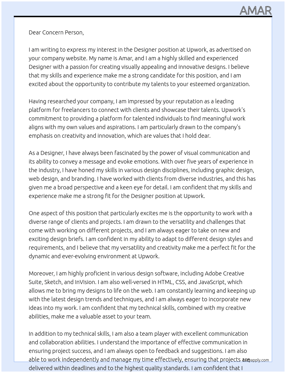 Designer  At Upwork  Cover Letter