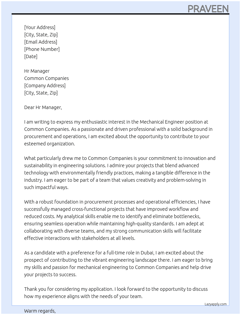 Mechanical Engineer  At Common companies Cover Letter
