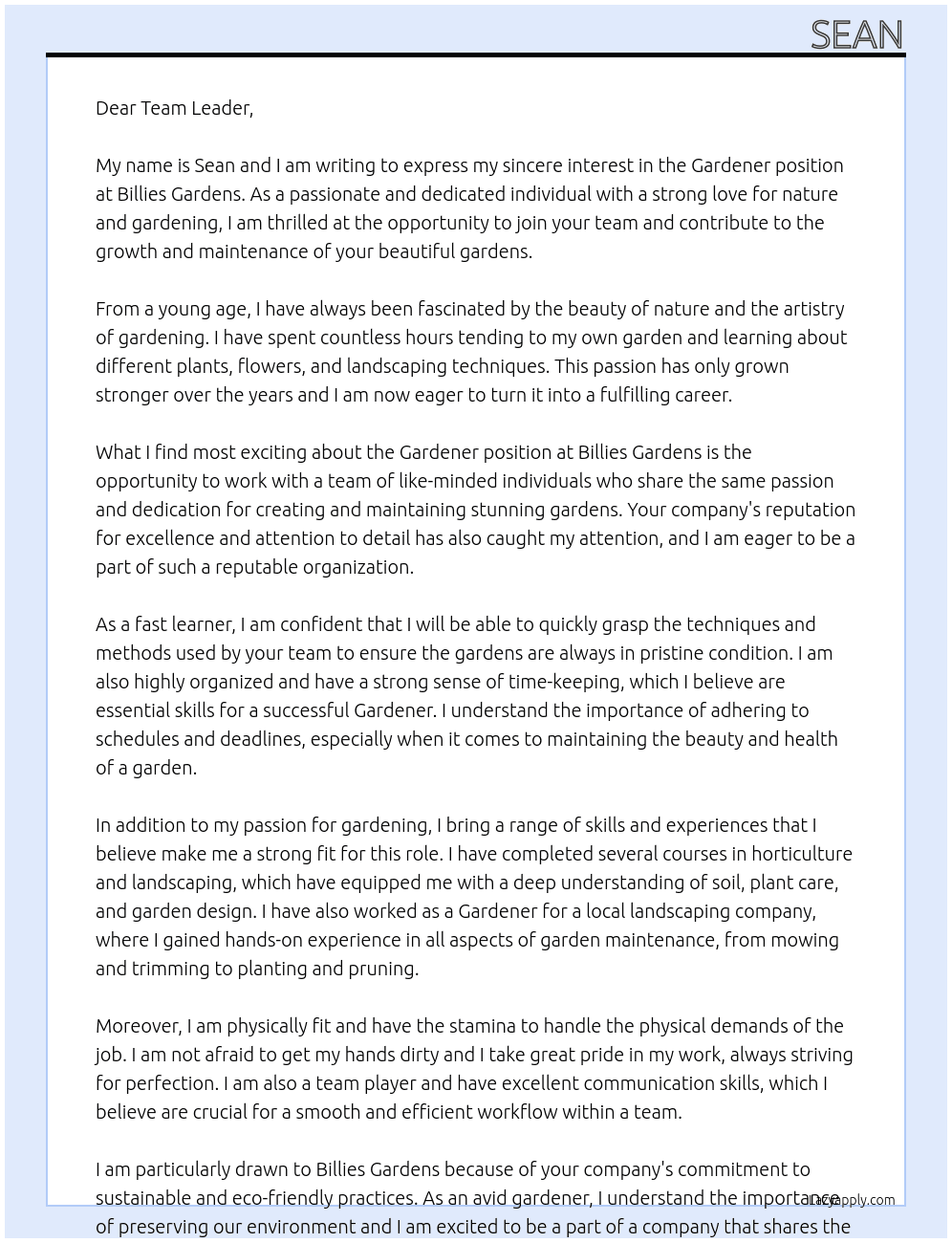Gardener  At BILLIES GARDENS  Cover Letter
