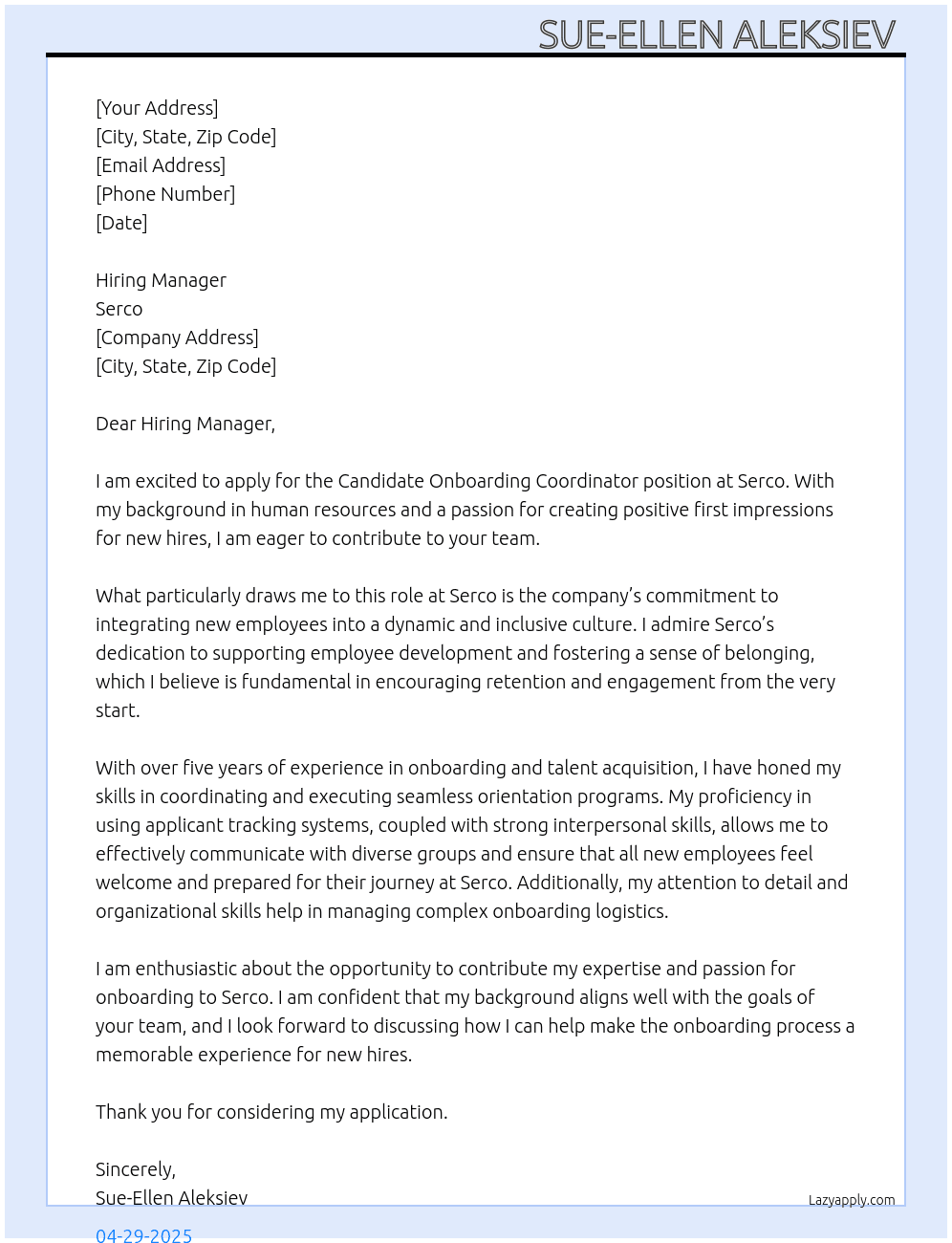Candidate Onboarding Coordinator  At Serco Cover Letter