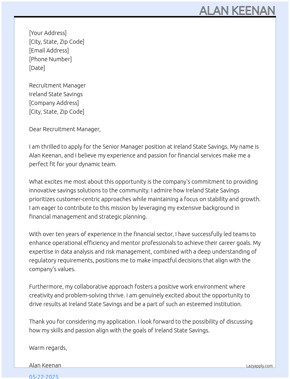 Senior Manager At Ireland State Savings Cover Letter