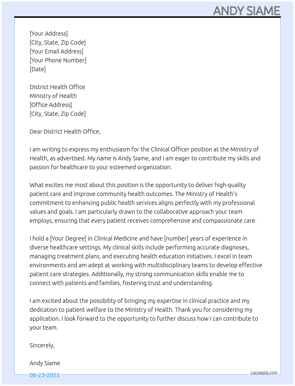Clinical officer  At Ministry of health  Cover Letter