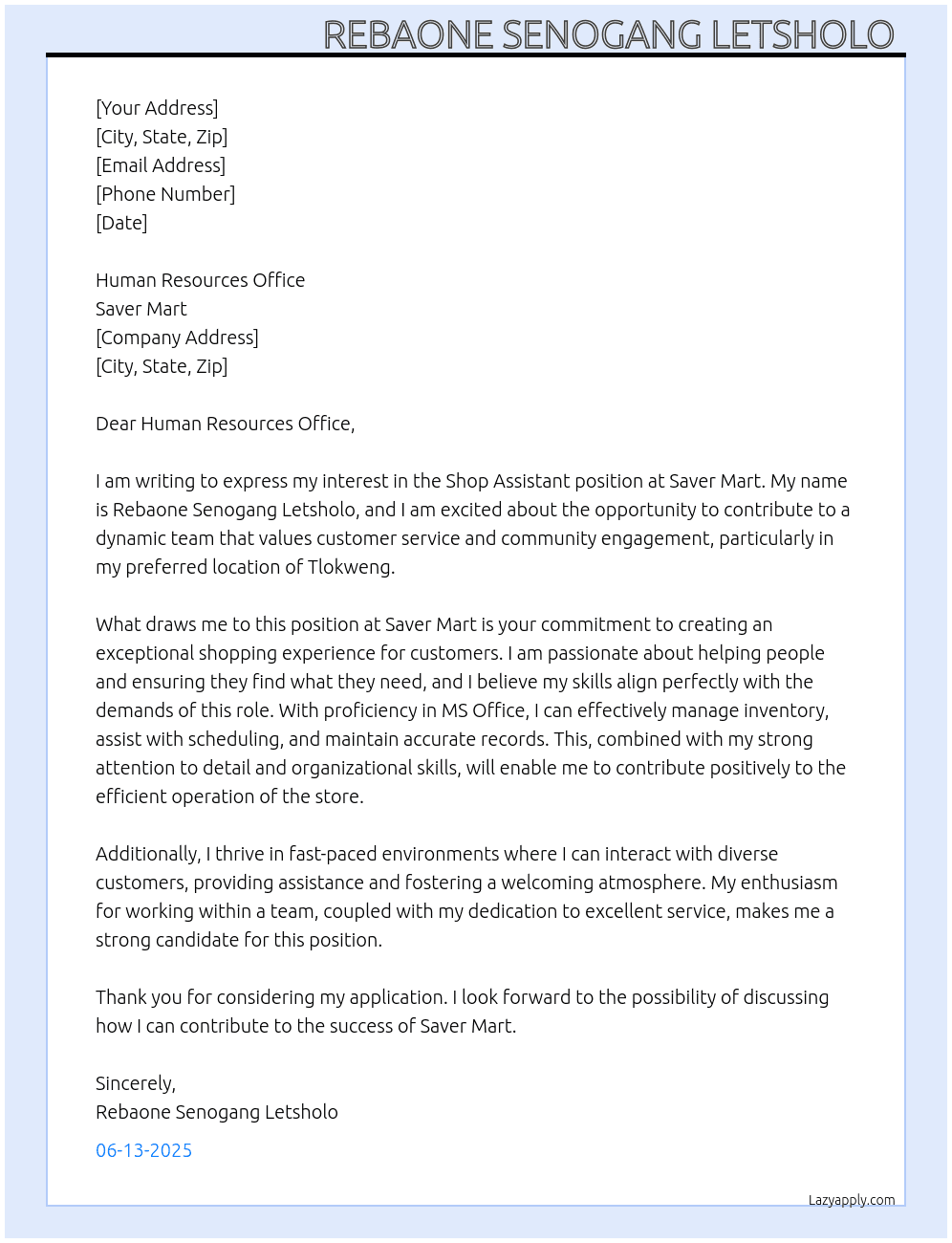 SHOP ASSISTANT  At Saver mart Cover Letter