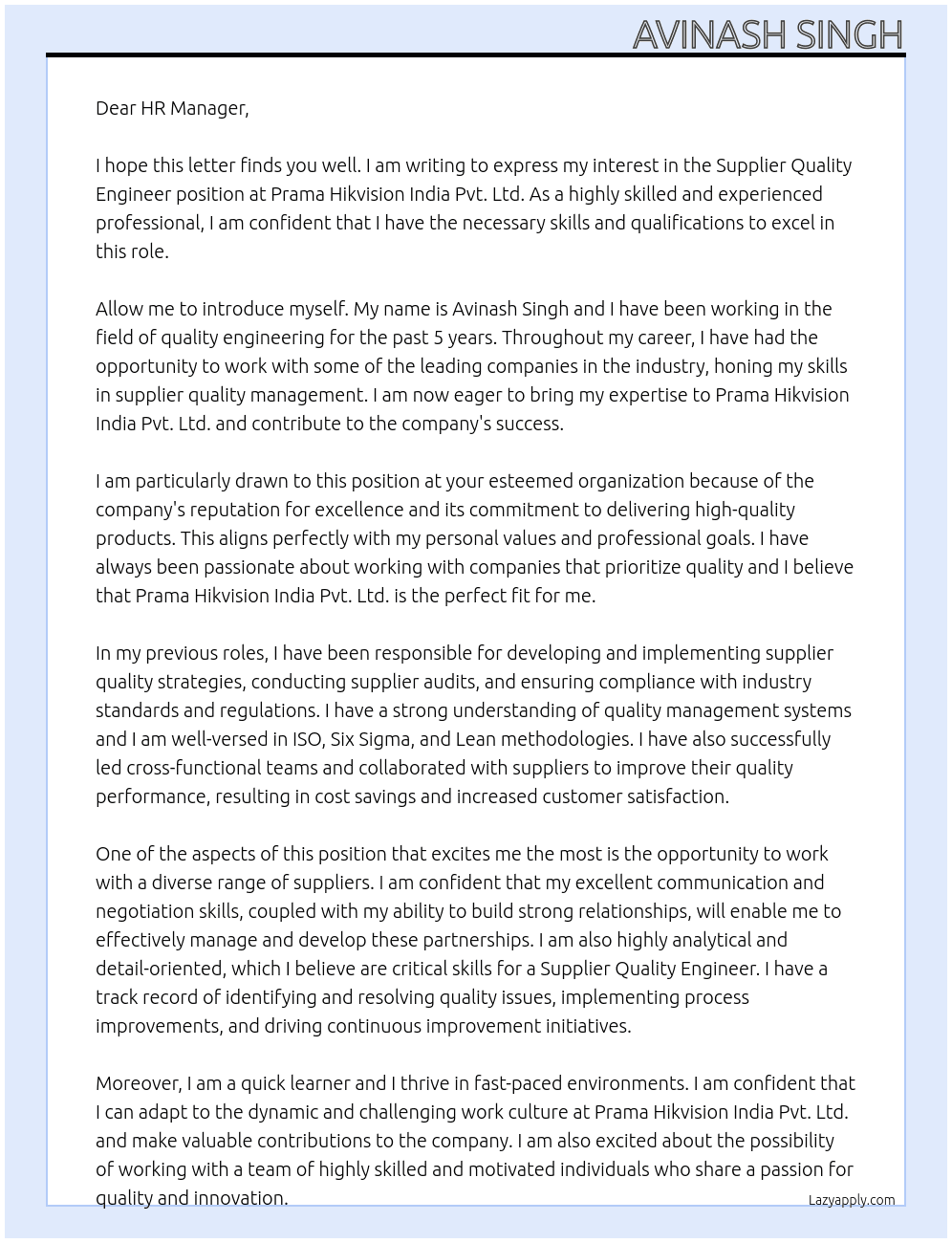 Supplier Quality Engineer At Prama Hikvision India Pvt. Ltd. Cover Letter