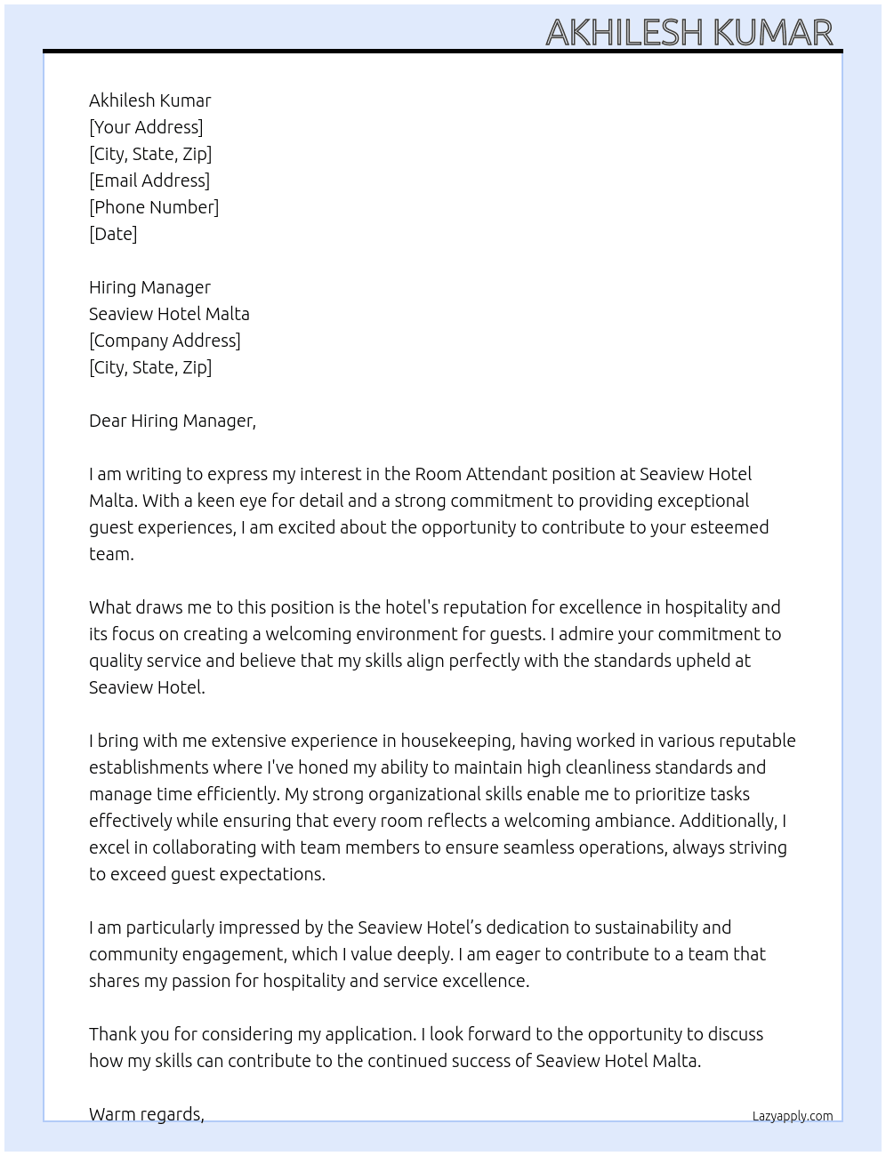 Room attached  At Seaview hotel malta  Cover Letter