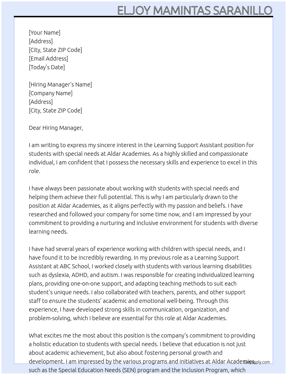 Cover letter for learning support assistant for students with special needs - LazyApply