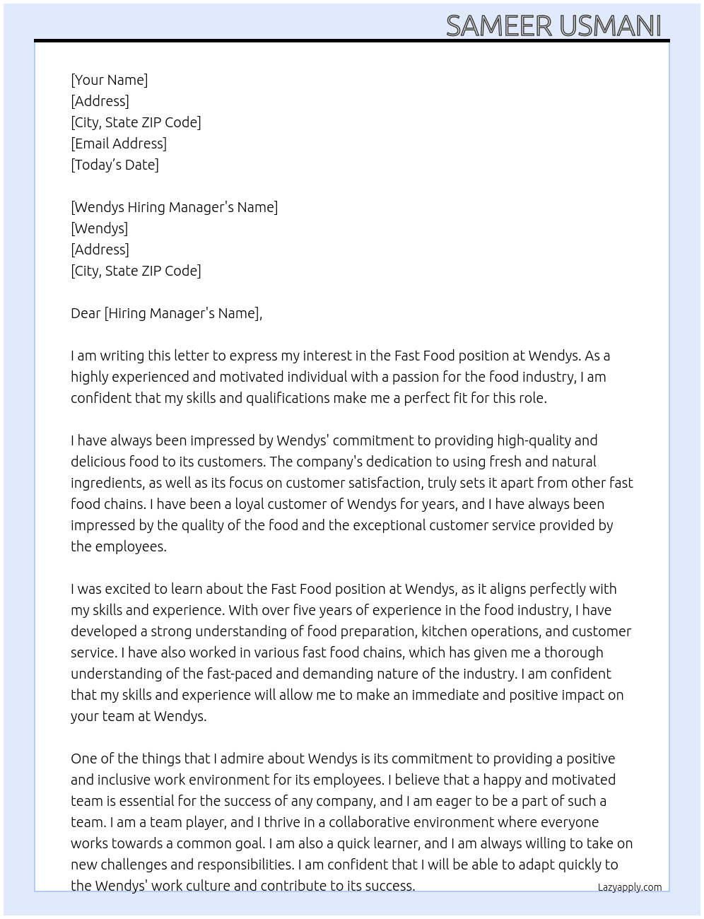 fast food  At wendys  Cover Letter