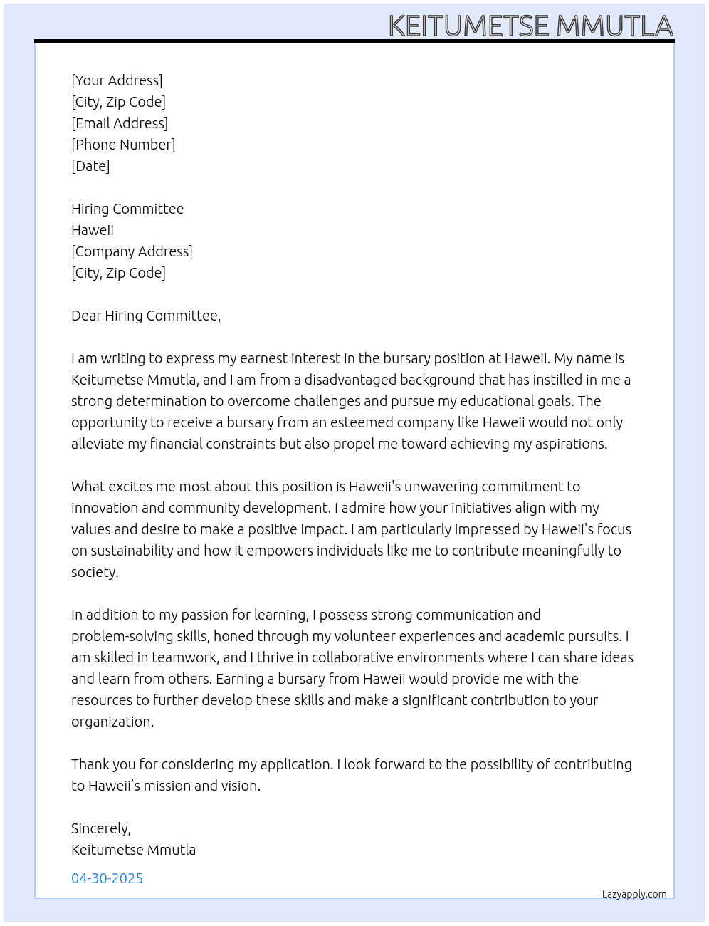 Bursary  At Haweii Cover Letter