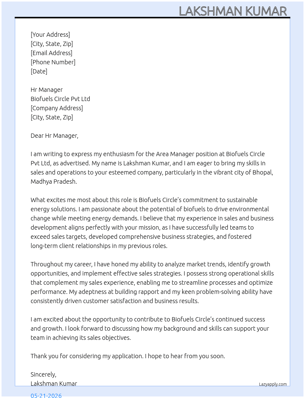 Area manager  At Biofuels circle Pvt Ltd  Cover Letter
