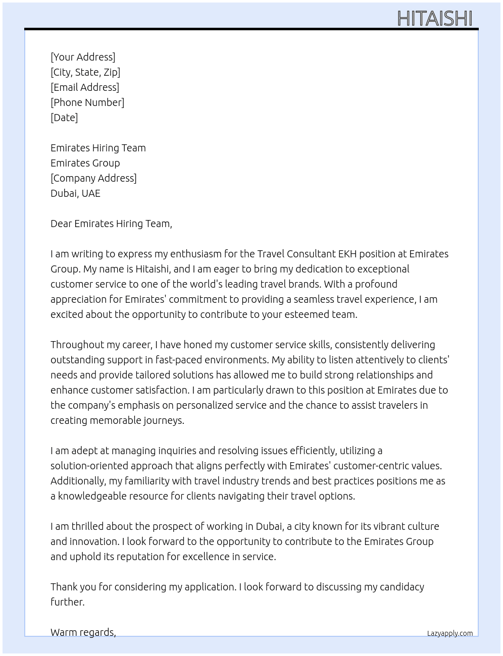 Travel Consultant EKH At Emirates Group Cover Letter
