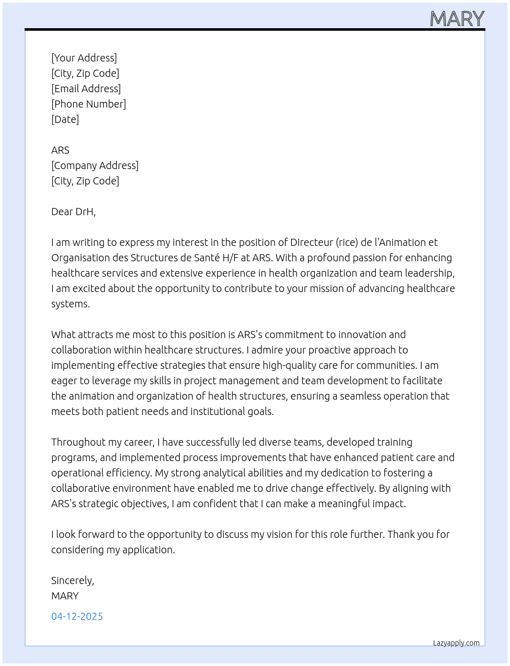 directeur Directeur (rice) de l'Animation et Organisation des Structures de Santé H/F At ARS Cover Letter