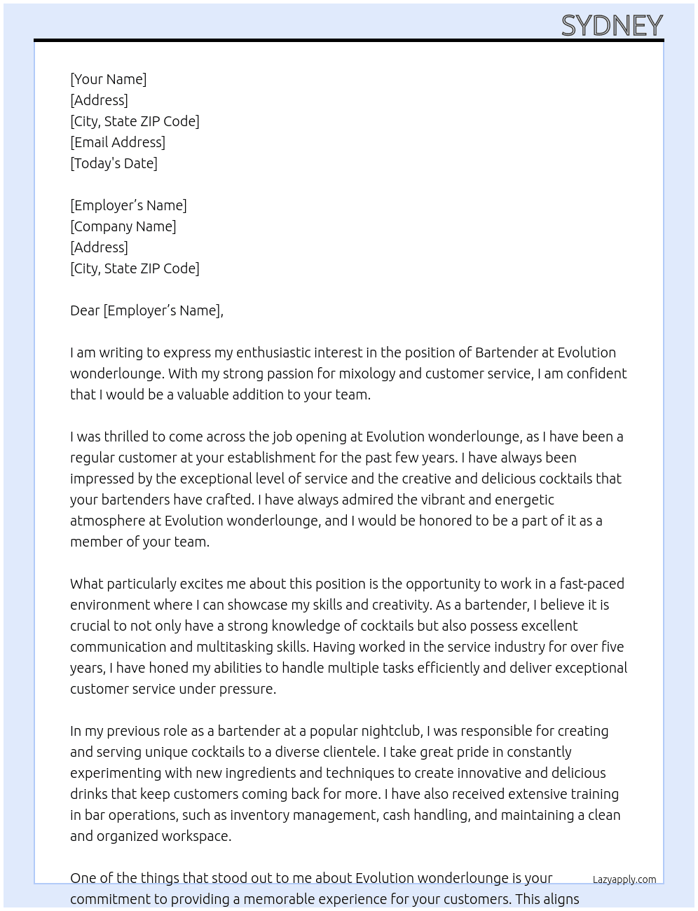 Bartender At Evolution wonderlounge Cover Letter