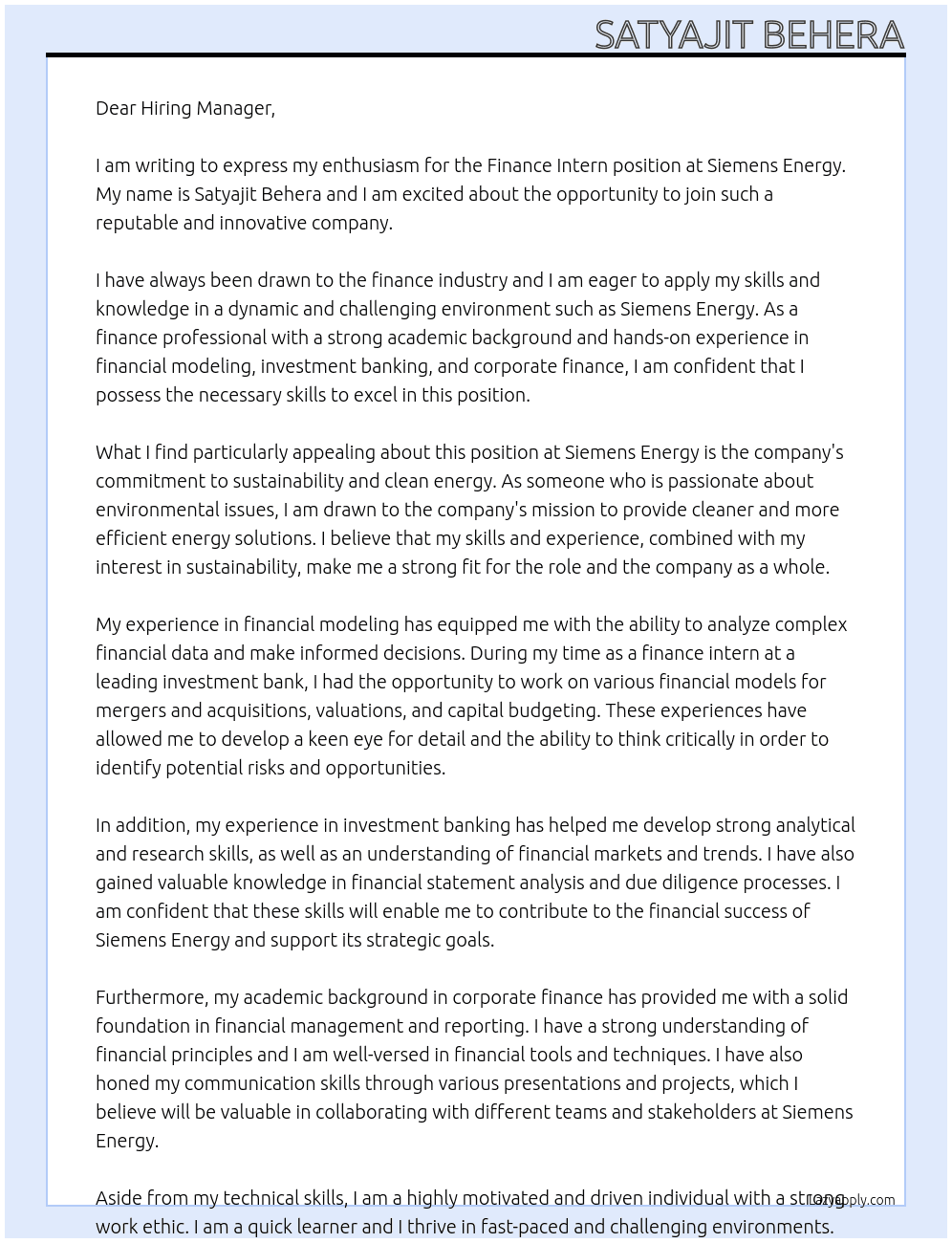 Finance Intern At Siemens Energy Cover Letter