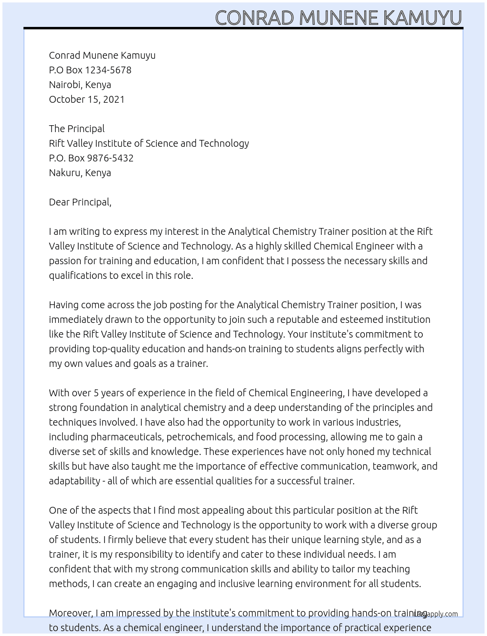 Cover letter for analytical chemistry trainer - LazyApply