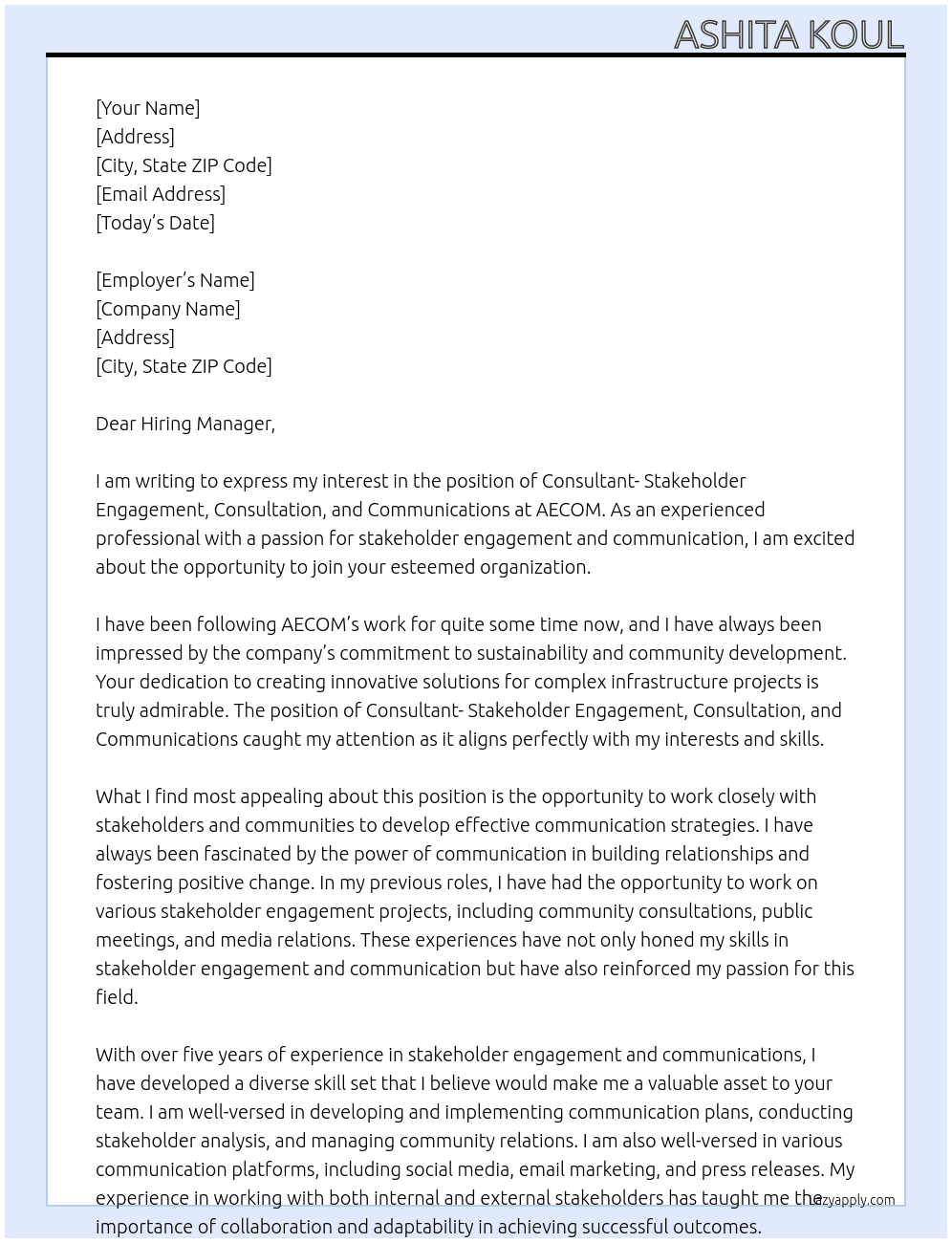 Cover letter for consultant - stakeholder engagement, consultation and communications - LazyApply
