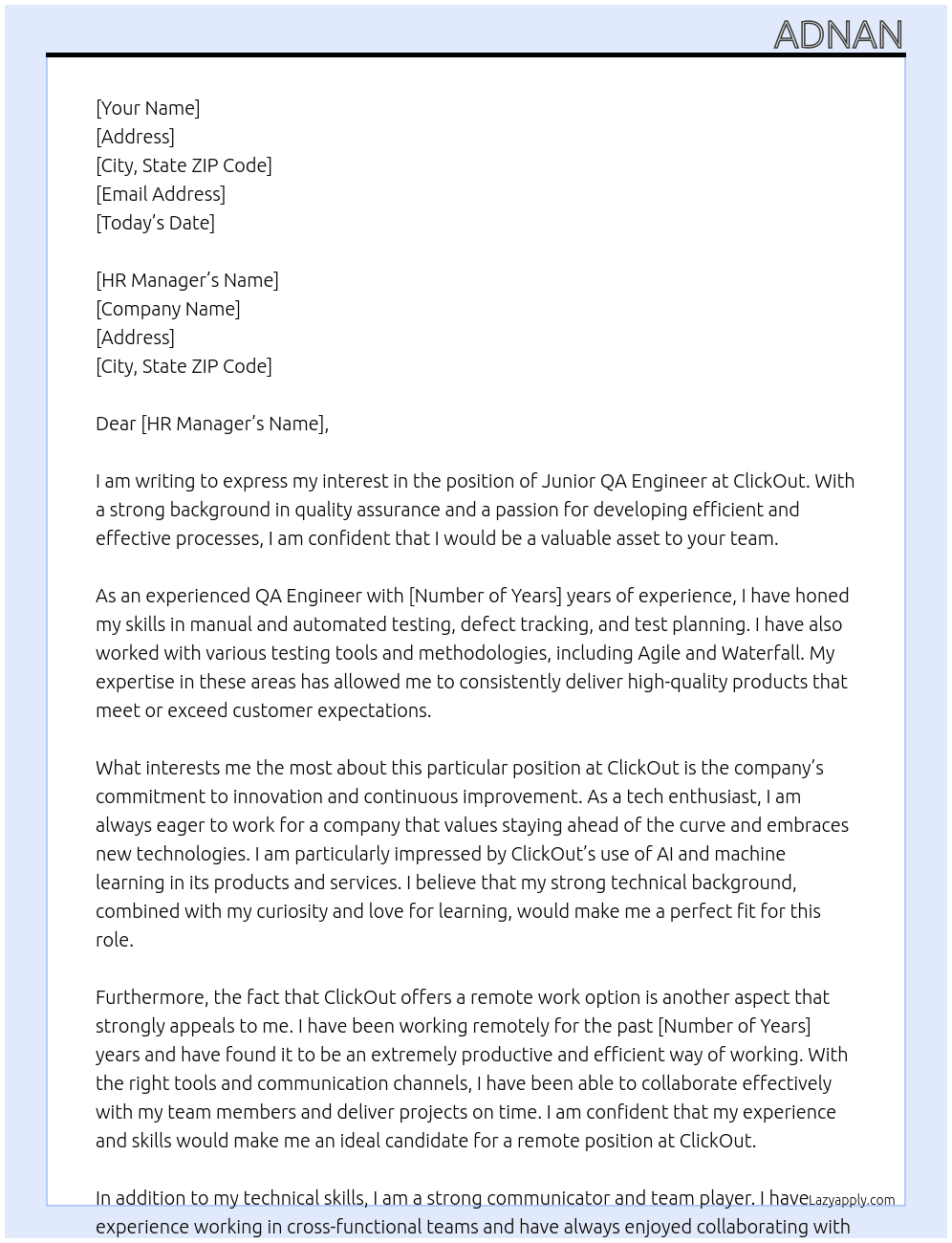 Junior QA Engineer  At ClickOut Cover Letter