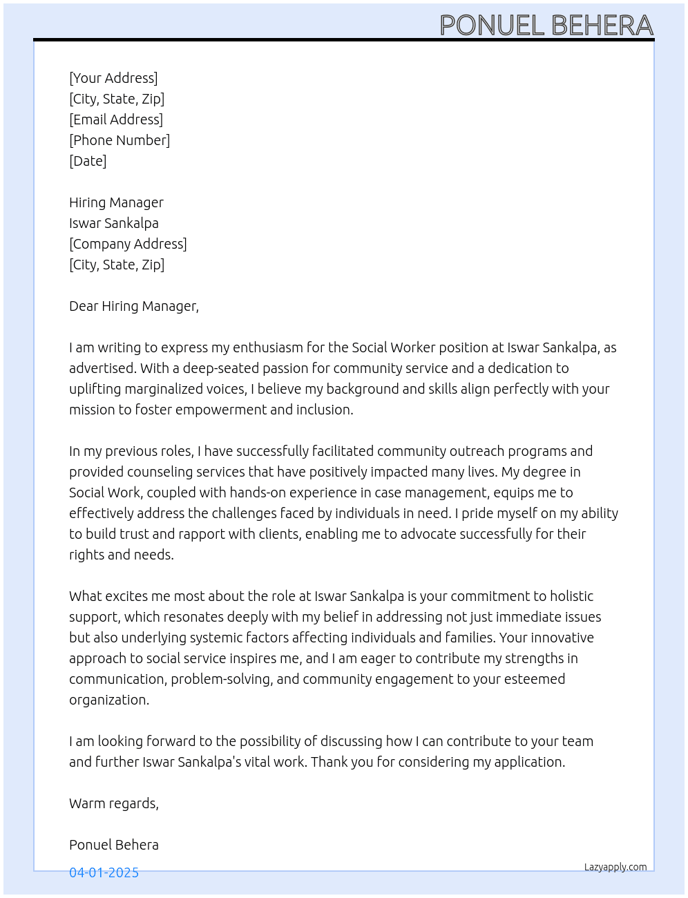 social worker At iswar sankalpa Cover Letter