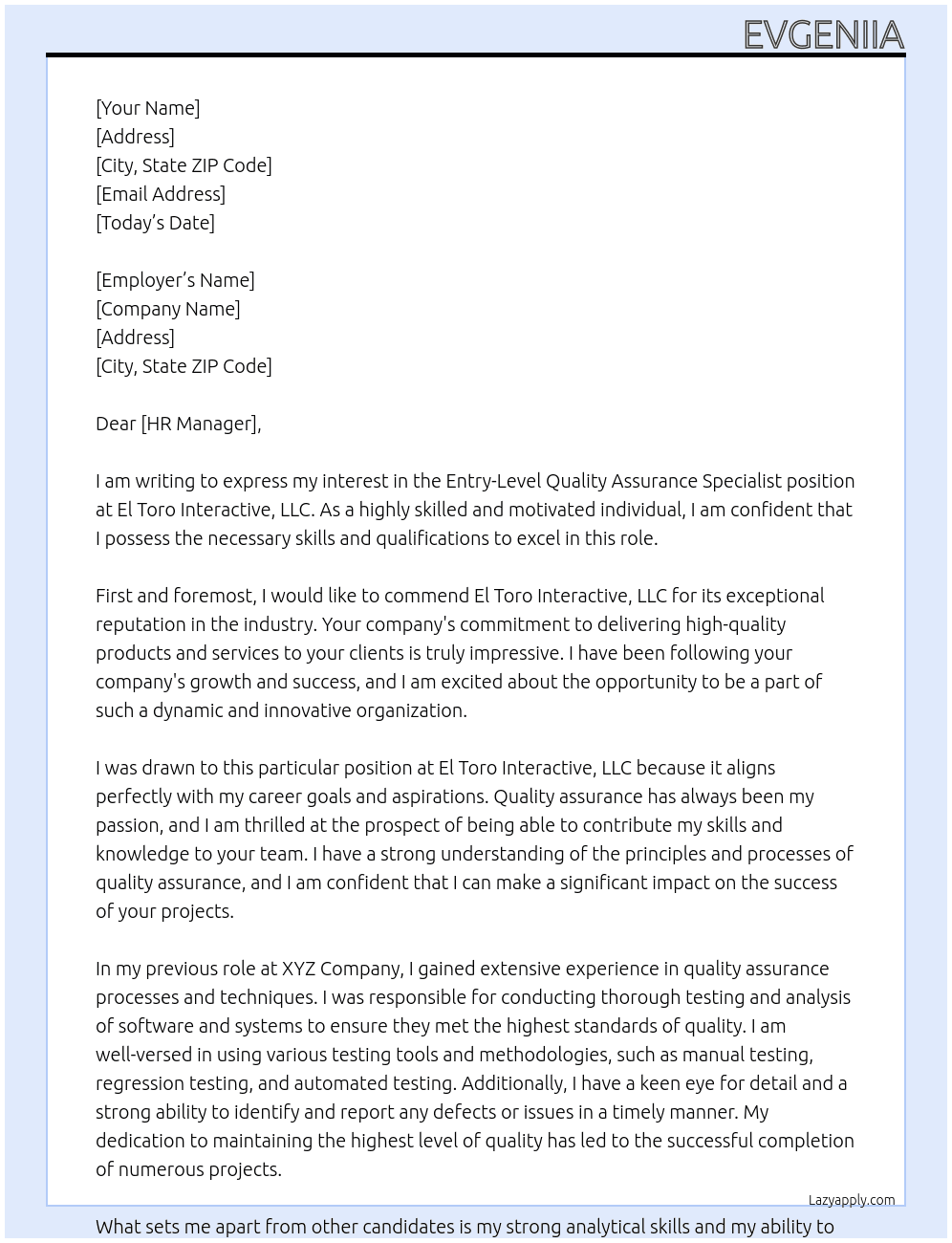 Entry-Level Quality Assurance Specialist At  El Toro Interactive, LLC Cover Letter