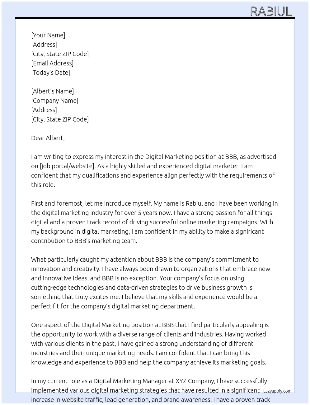 Digital marketing  At Bbb Cover Letter