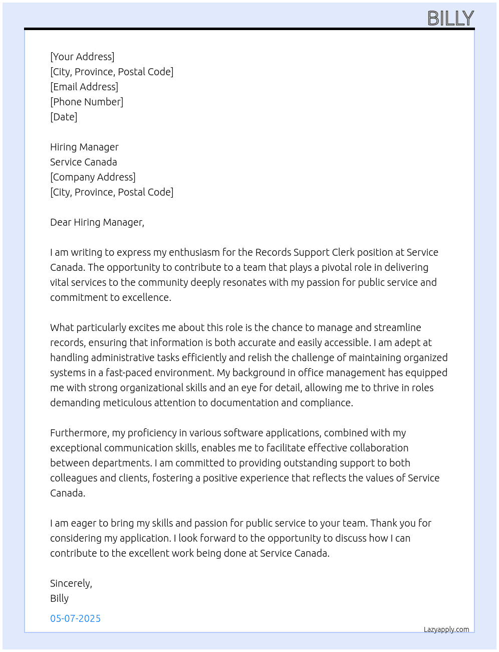 Records Support Clerk At Service Canada Cover Letter