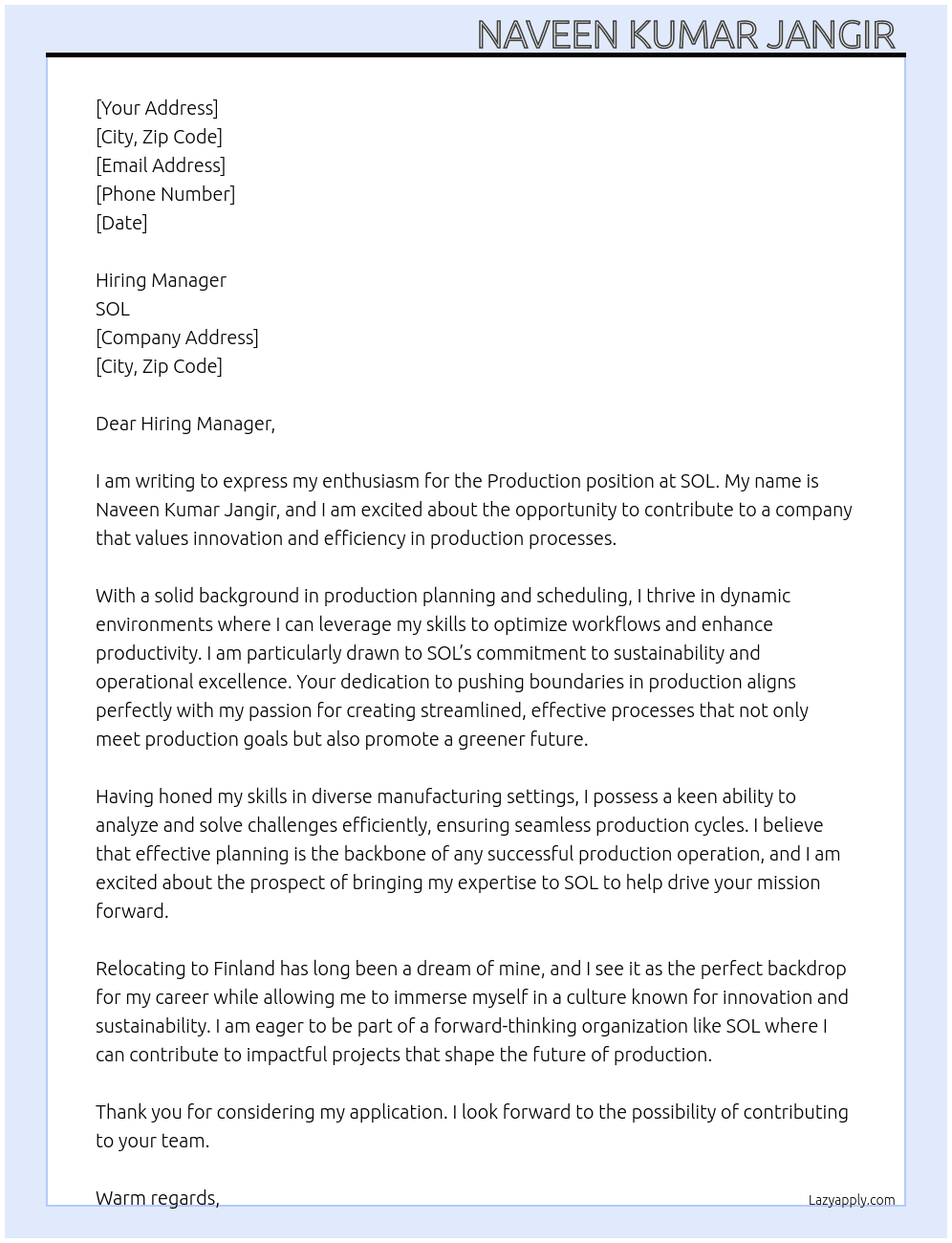 Cover letter for production - LazyApply
