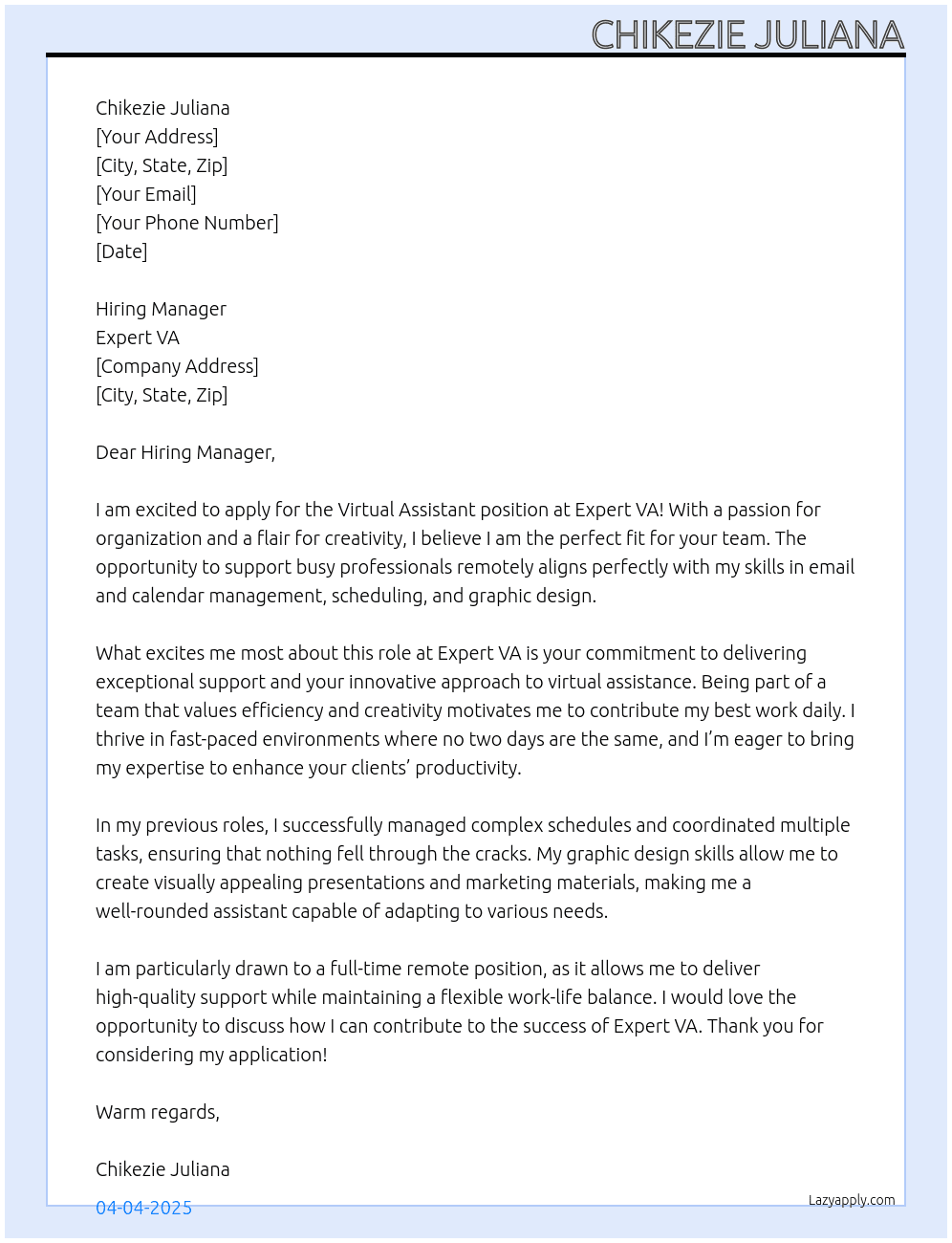 Virtual assistant  At Expert VA Cover Letter