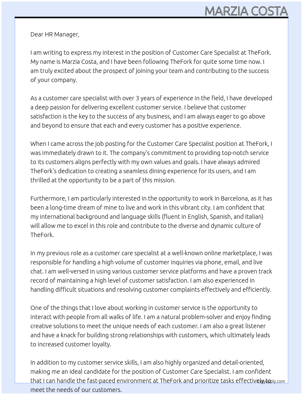 Customer Care Specialist At TheFork Cover Letter
