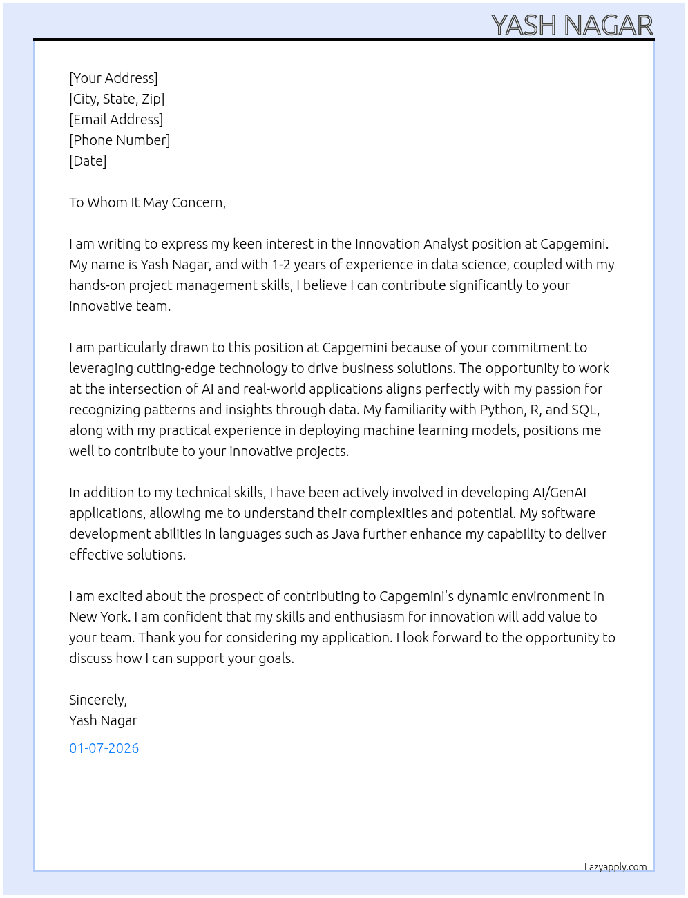 Cover letter for innovation analyst - LazyApply