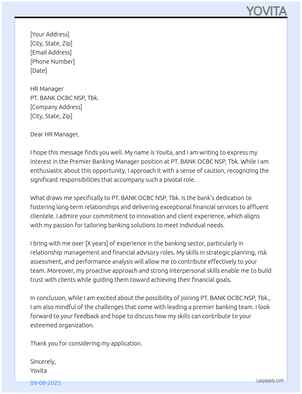 Premier Banking Manager At PT. BANK OCBC NSP, Tbk. Cover Letter
