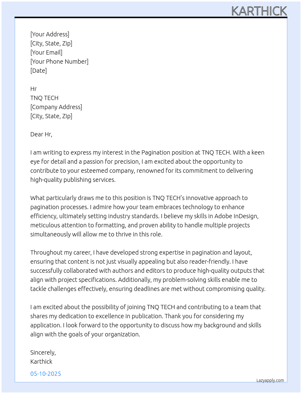 pagination At TNQ TECH Cover Letter