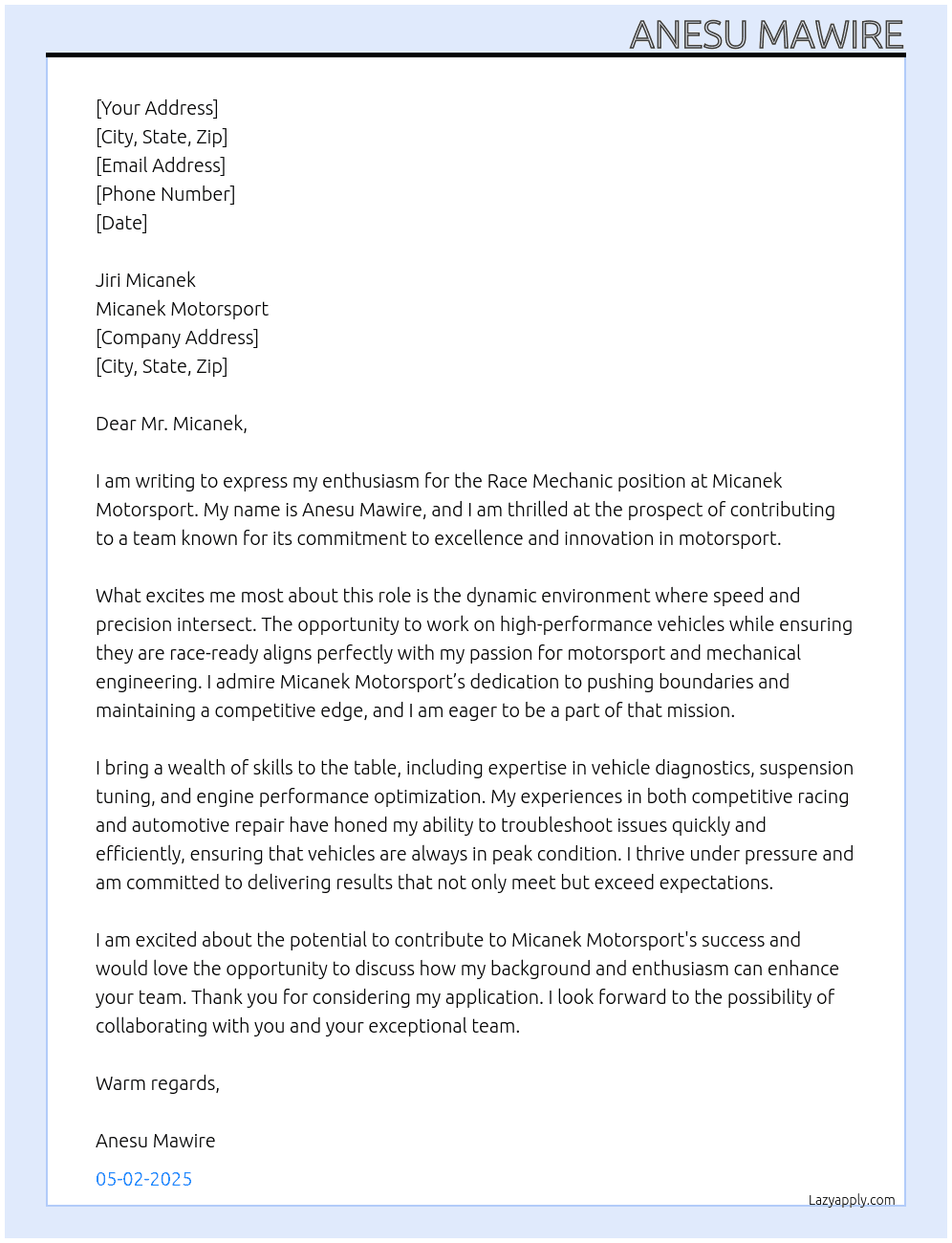 Race Mechanic At Micanek Motorsport Cover Letter