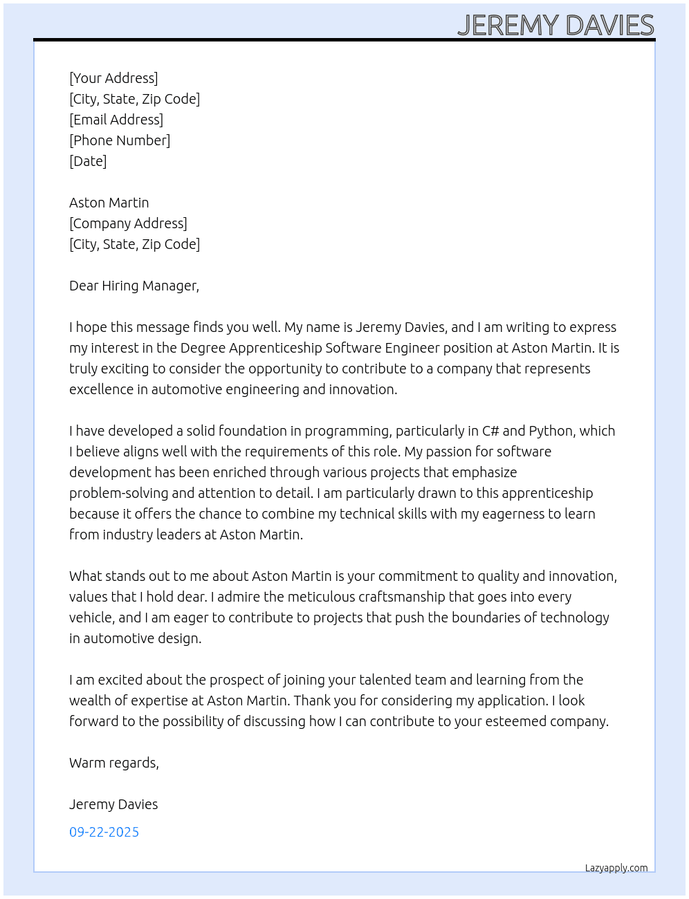 Software enginneer At Aston Martin Cover Letter