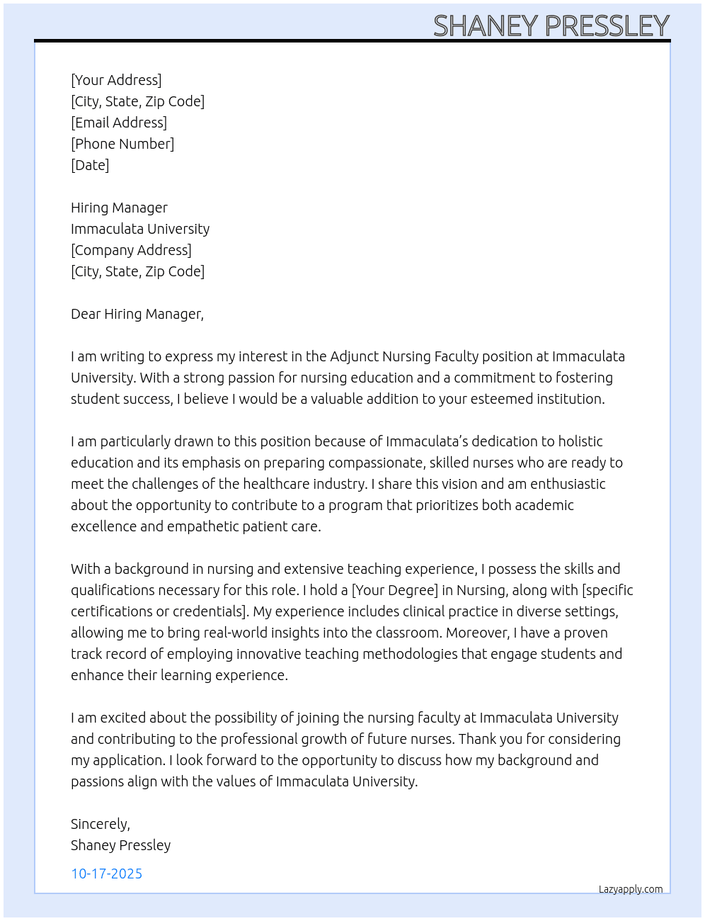 Cover letter for adjunct nursing faculty - LazyApply