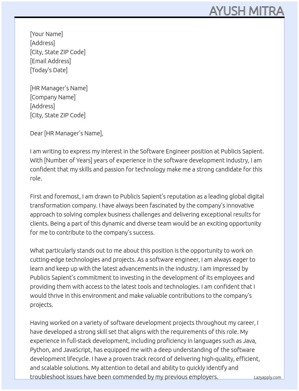 Software Engineer At Publicis Sapient Cover Letter