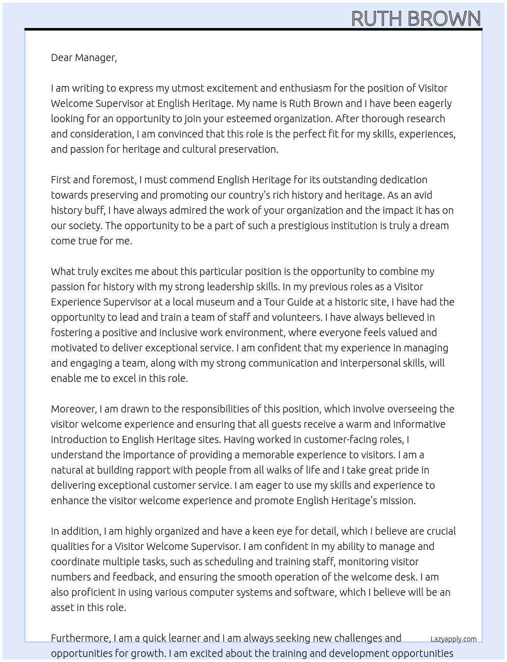 Visitor Welcome Supervisor At English Heritage Cover Letter