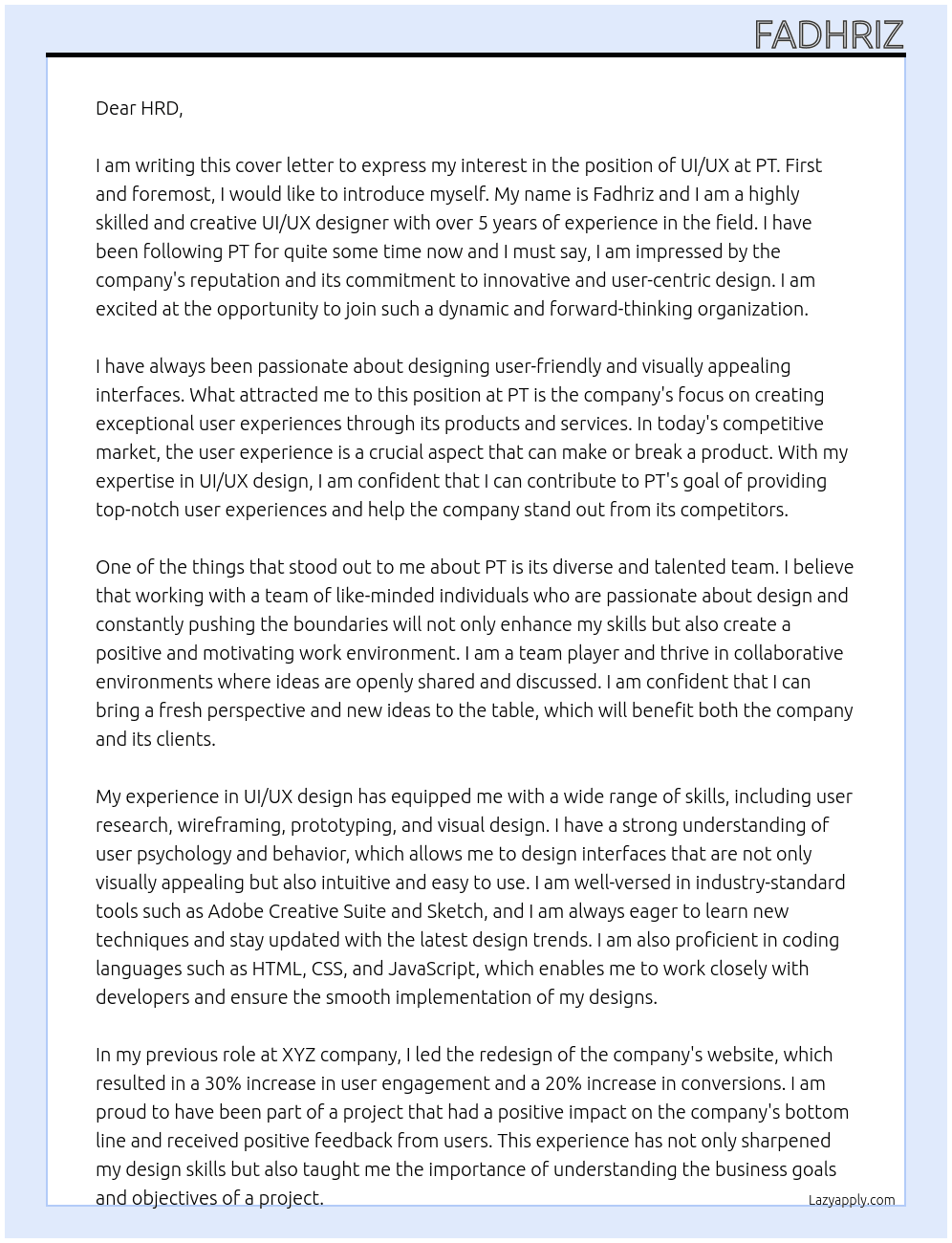 UI/UX At PT. Cover Letter
