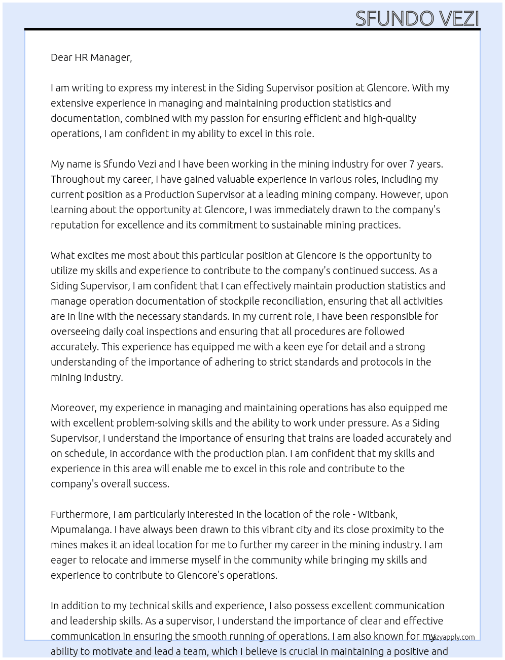 Cover letter for siding supervisor - LazyApply