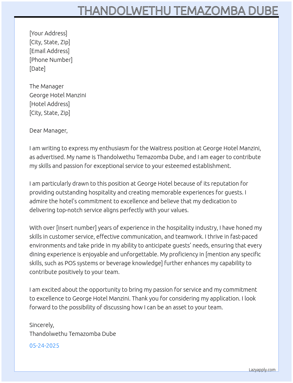 Waitress  At Goerge Hotel Manzini  Cover Letter