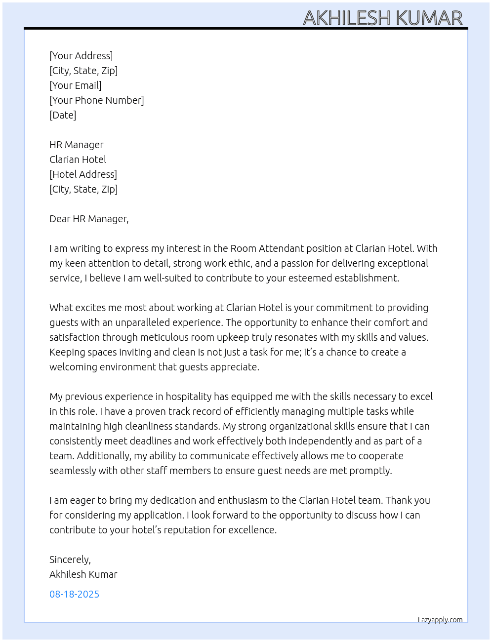 Room attendant  At Clarian hotel  Cover Letter