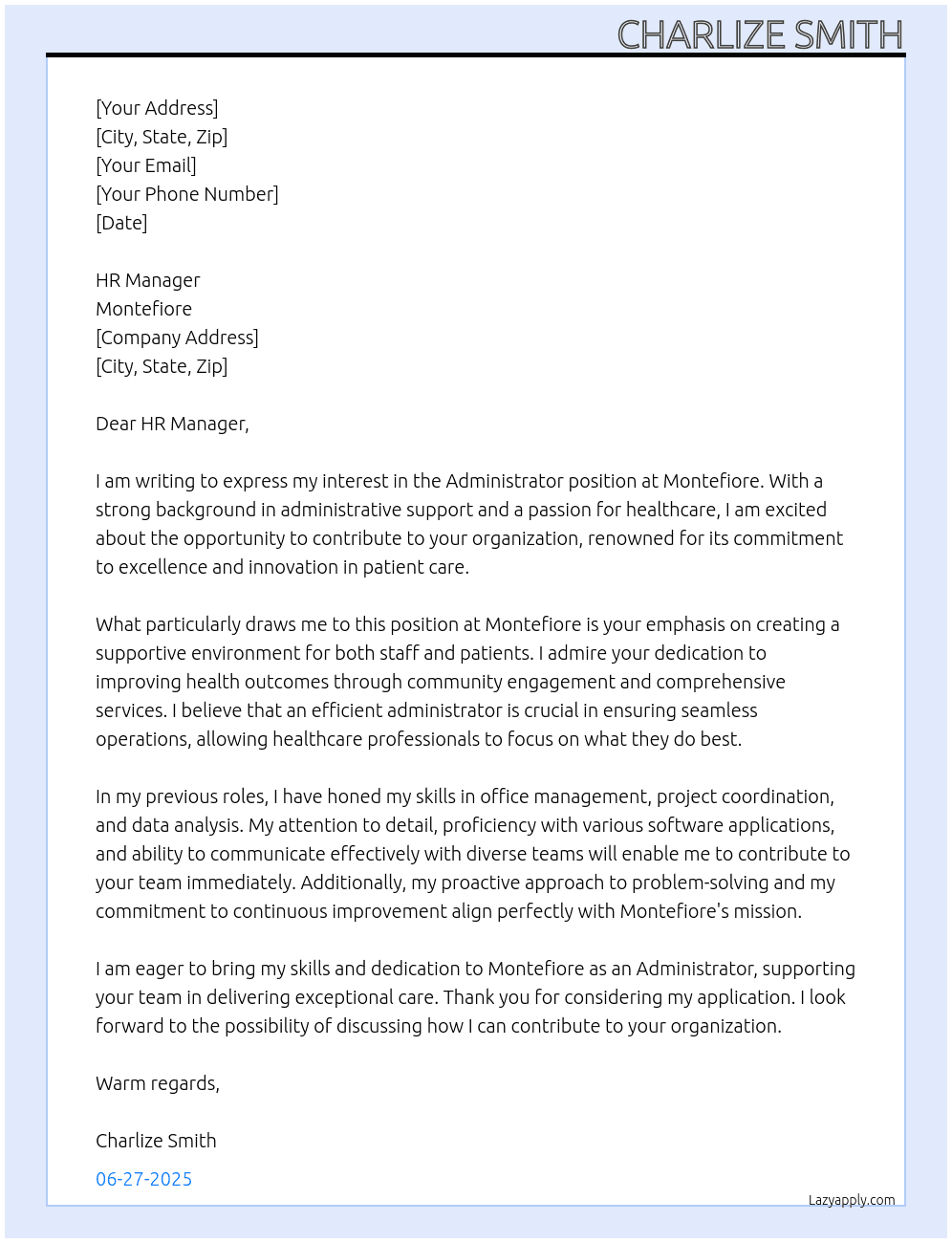 Administrator At Montefiore Cover Letter