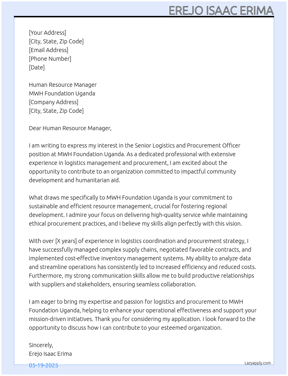 Senior Logistics and Procurement Officer At MWH Foundation Uganda  Cover Letter