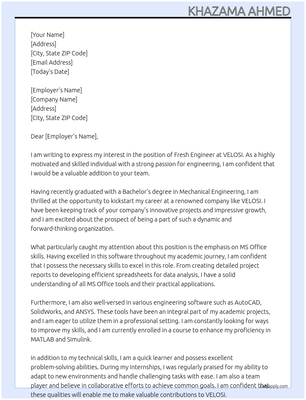 Fresh Engineer  At VELOSI Cover Letter