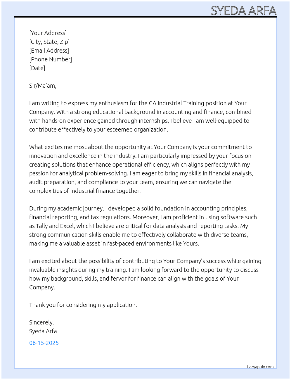 CA industrial Training At Your Company Cover Letter