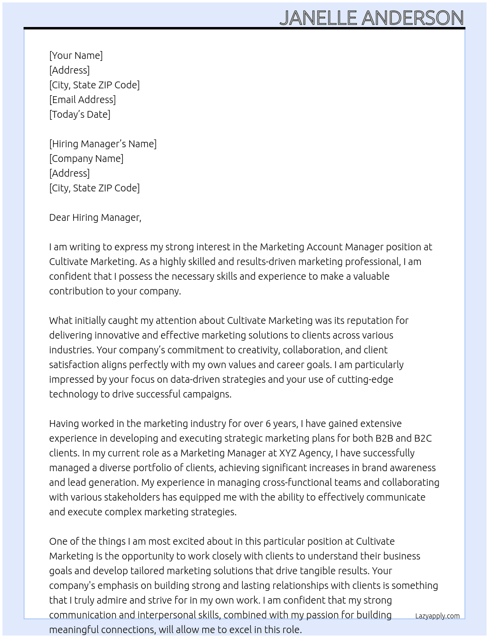 Marketing Account Manager At Cultivate Marketing Cover Letter