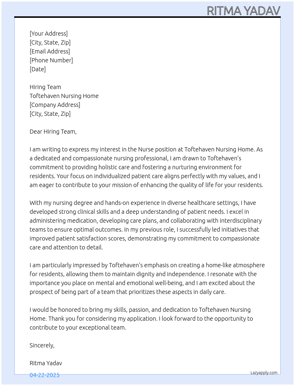 Nurse  At Toftehaven Nursing Home Cover Letter