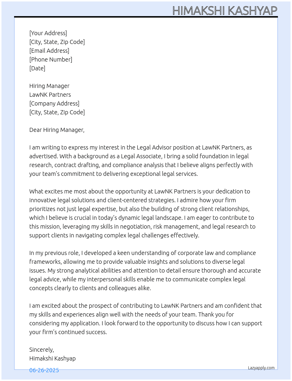 Legal Advisor  At LawNK Partners  Cover Letter