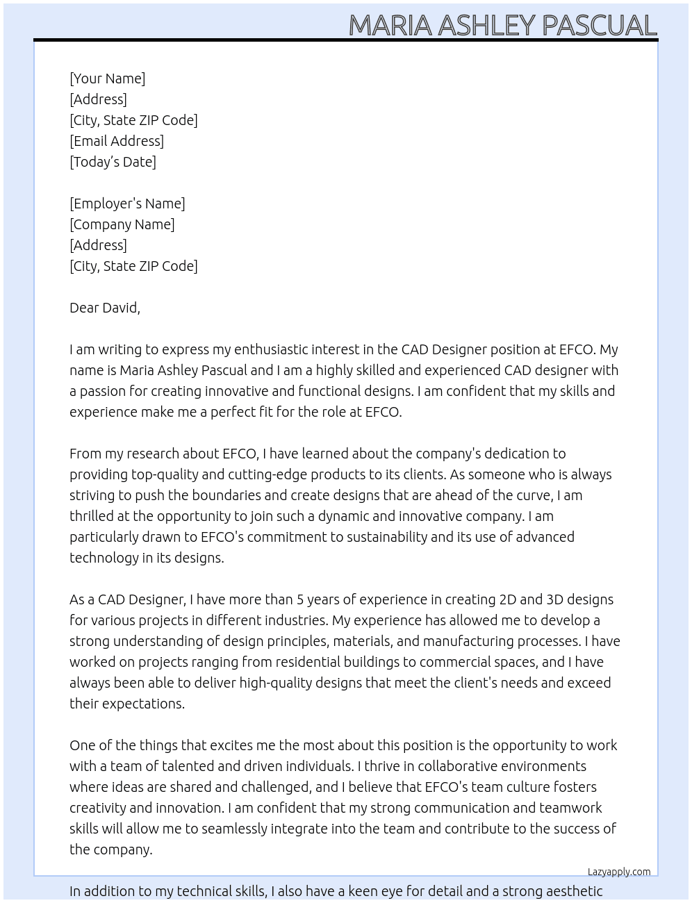 CAD Designer  At EFCO Cover Letter
