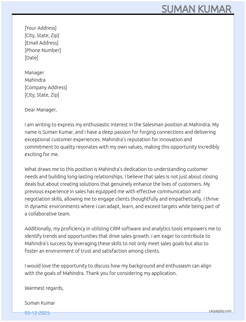 Cover letter for sals man - LazyApply