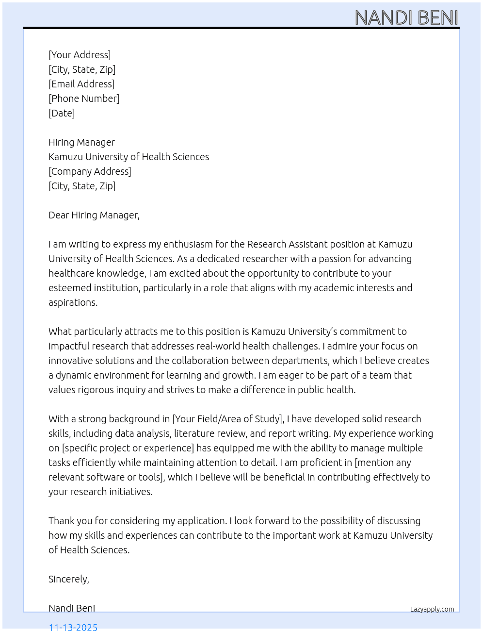 Research assistant  At Kamuzu University of Health sciences  Cover Letter